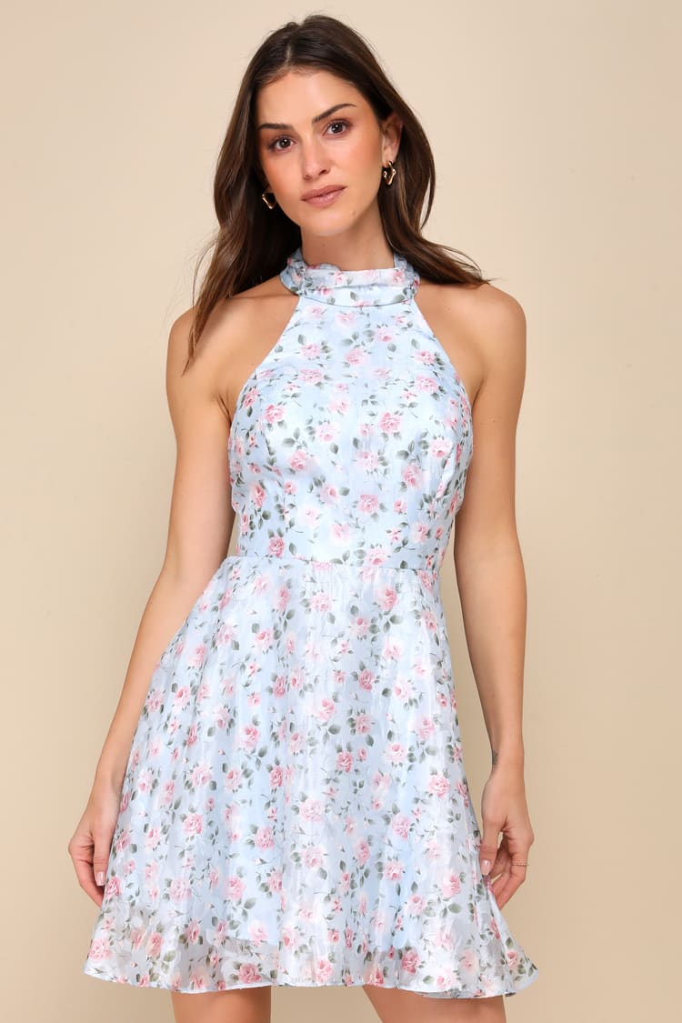 Gorgeous Sweetie Light Blue Floral Jacquard Halter Mini Dress