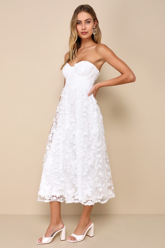 Lulus Quite Perfect White Floral Embroidered Strapless Midi Dress In White