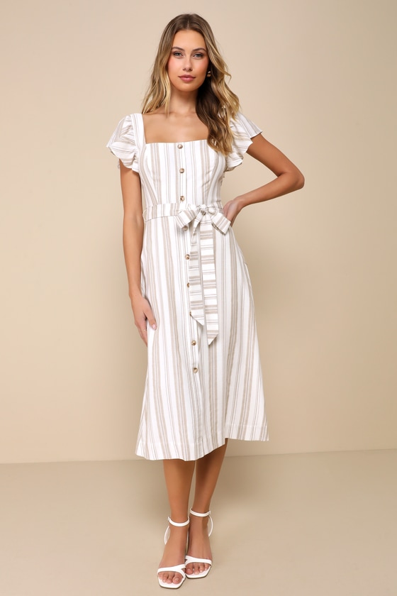 Lulus Mediterranean Moves White Striped Flutter Sleeve Midi Dress