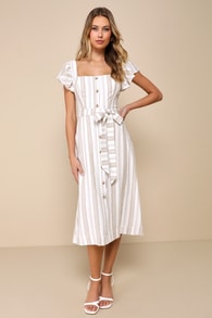 Mediterranean Moves White Striped Flutter Sleeve Midi Dress