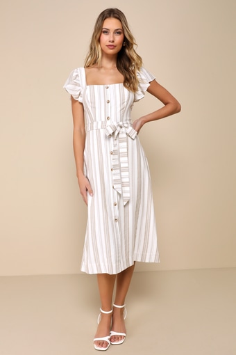 Mediterranean Moves White Striped Flutter Sleeve Midi Dress 1