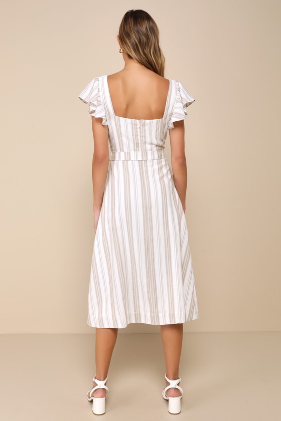 LULUS MEDITERRANEAN MOVES WHITE STRIPED FLUTTER SLEEVE MIDI DRESS