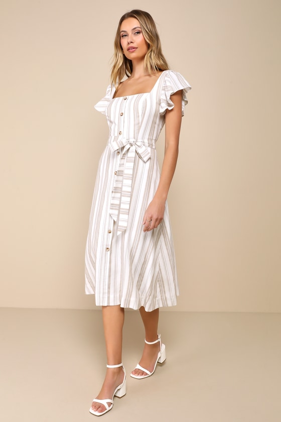 LULUS MEDITERRANEAN MOVES WHITE STRIPED FLUTTER SLEEVE MIDI DRESS