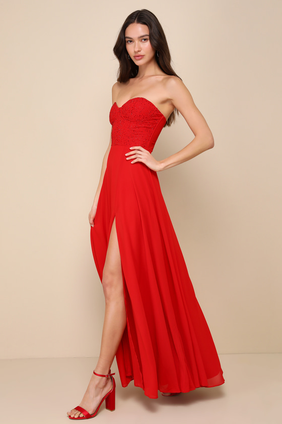 Red Maxi Dress - Strapless Maxi Dress - Rhinestone Dress - Lulus
