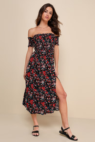 View from the Meadow Black Floral Print Off-the-Shoulder Dress