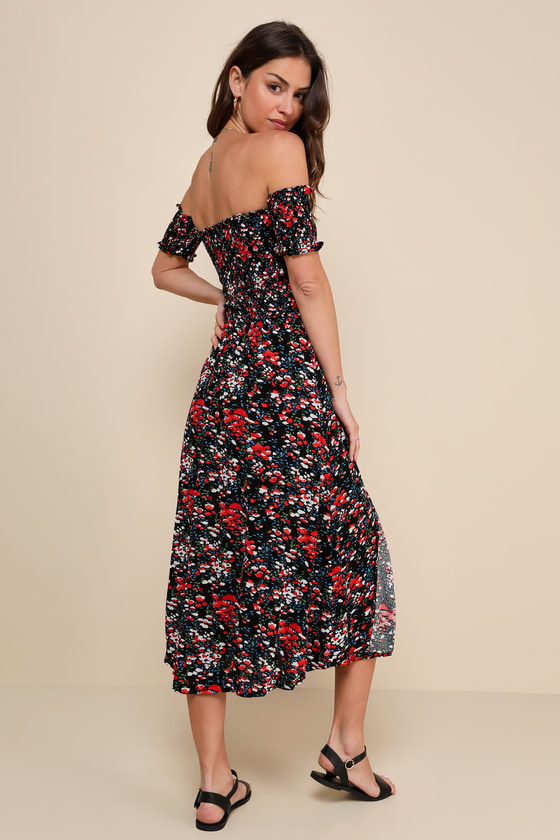 View from the Meadow Black Floral Print Off-the-Shoulder Dress 7