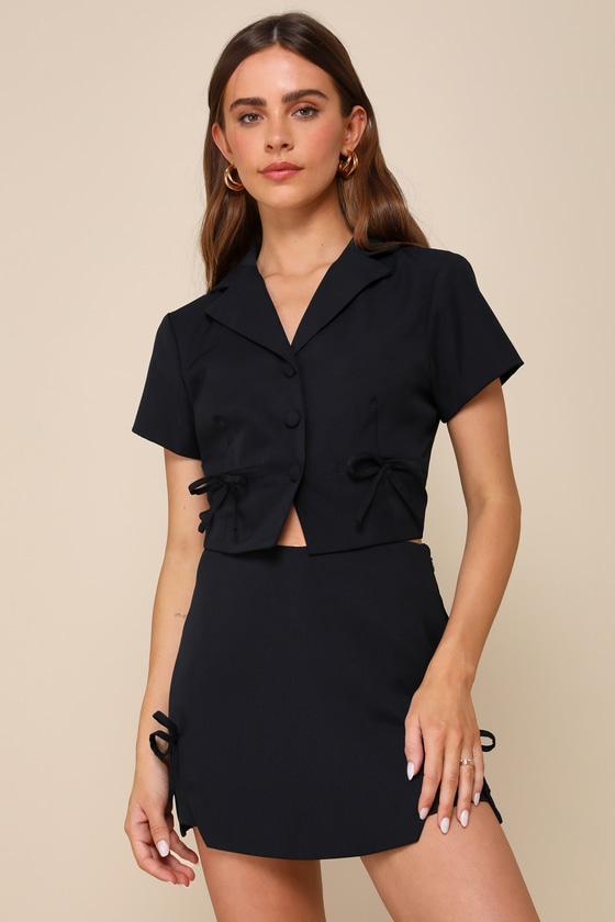 Confident Perfection Navy Blue Twill High-Waisted Bow Skort 5