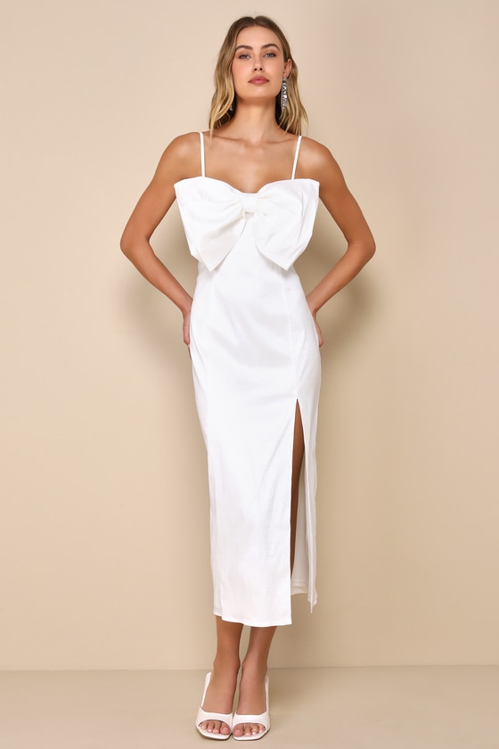 Lulus Statement Sweetie White Taffeta Sleeveless Bow Midi Dress