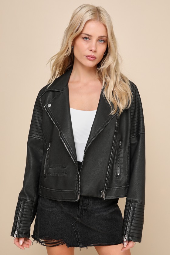 Shop Lulus Trendy Rebel Washed Black Vegan Leather Collared Moto Jacket