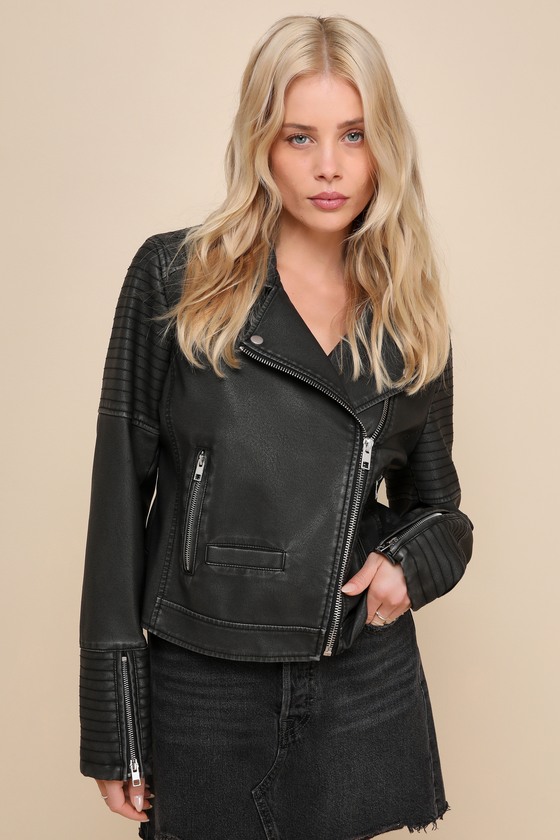 Shop Lulus Trendy Rebel Washed Black Vegan Leather Collared Moto Jacket