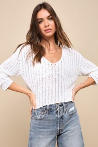 Coastal Style White Loose Knit V-Neck Long Sleeve Sweater Top