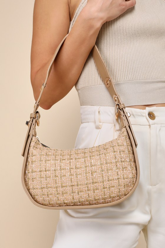 Distinctly Poised Beige Tweed Lurex Shoulder Bag 7