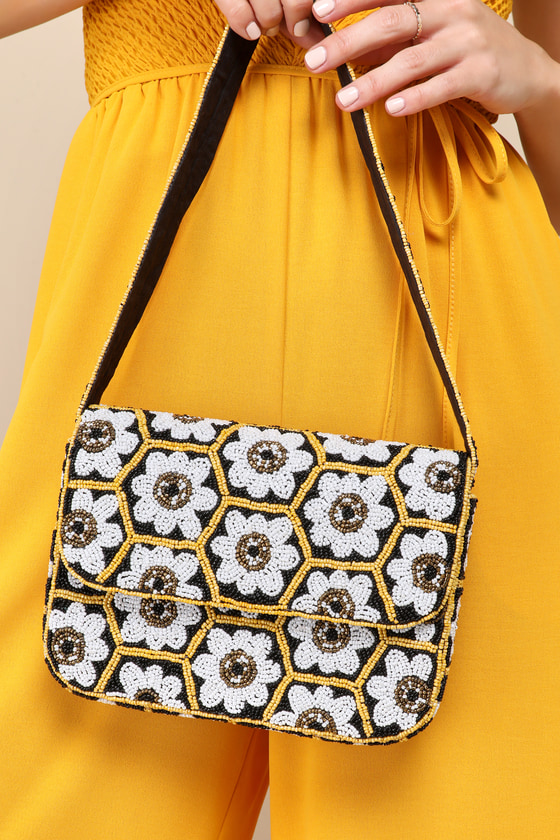 Springtime Selection Black Multi Floral Beaded Shoulder Bag 7
