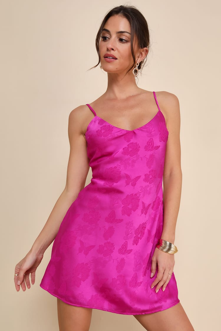 magenta satin mini dress NEW WHIMSICAL NIGHTS MAGENTA SATIN ASYMMETRICAL HEM MINI DRESS
