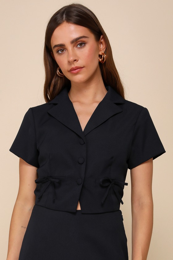 Shop Lulus Confident Perfection Navy Blue Twill Collared Button-up Bow Top