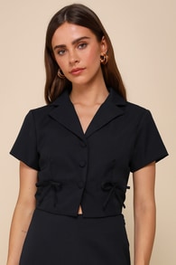Confident Perfection Navy Blue Twill Collared Button-Up Bow Top