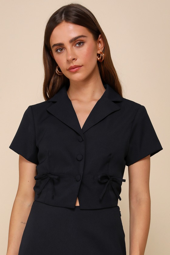 Confident Perfection Navy Blue Twill Collared Button-Up Bow Top 1