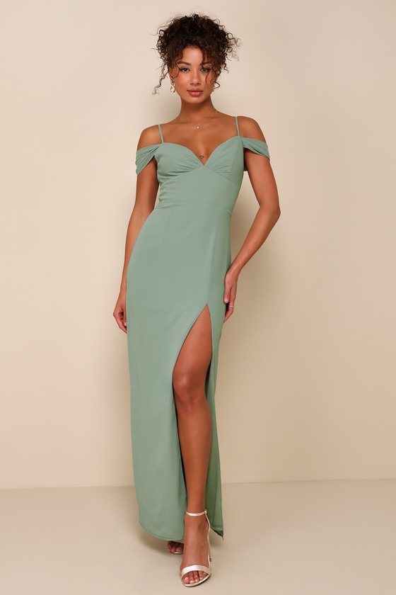 Lulus Lovely Enchantment Sage Brush Cold-shoulder Column Maxi Dress In Green