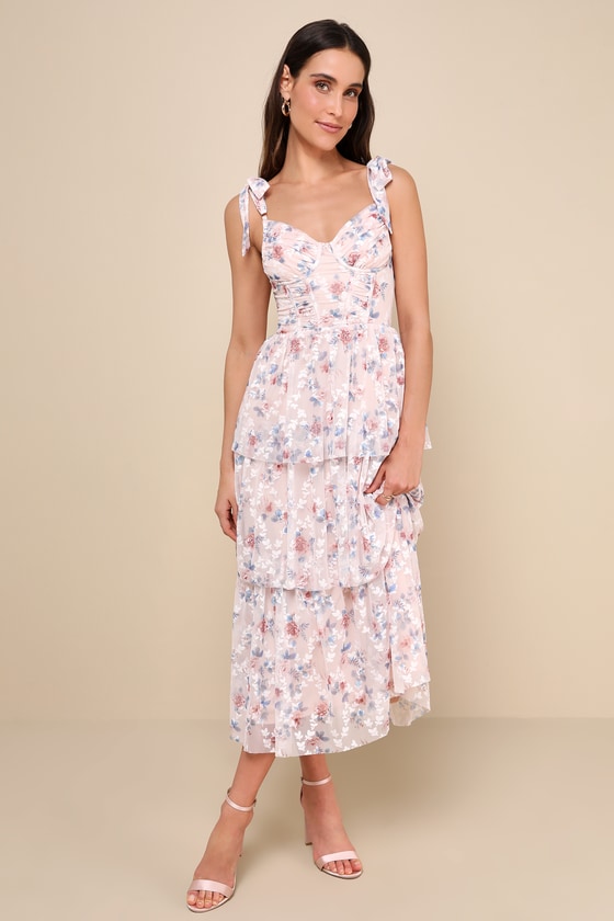 Lulus Flirtatious Radiance Blush Pink Floral Mesh Bustier Midi Dress