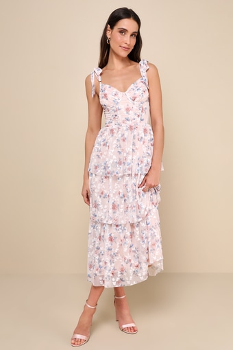 Flirtatious Radiance Blush Pink Floral Mesh Bustier Midi Dress 1