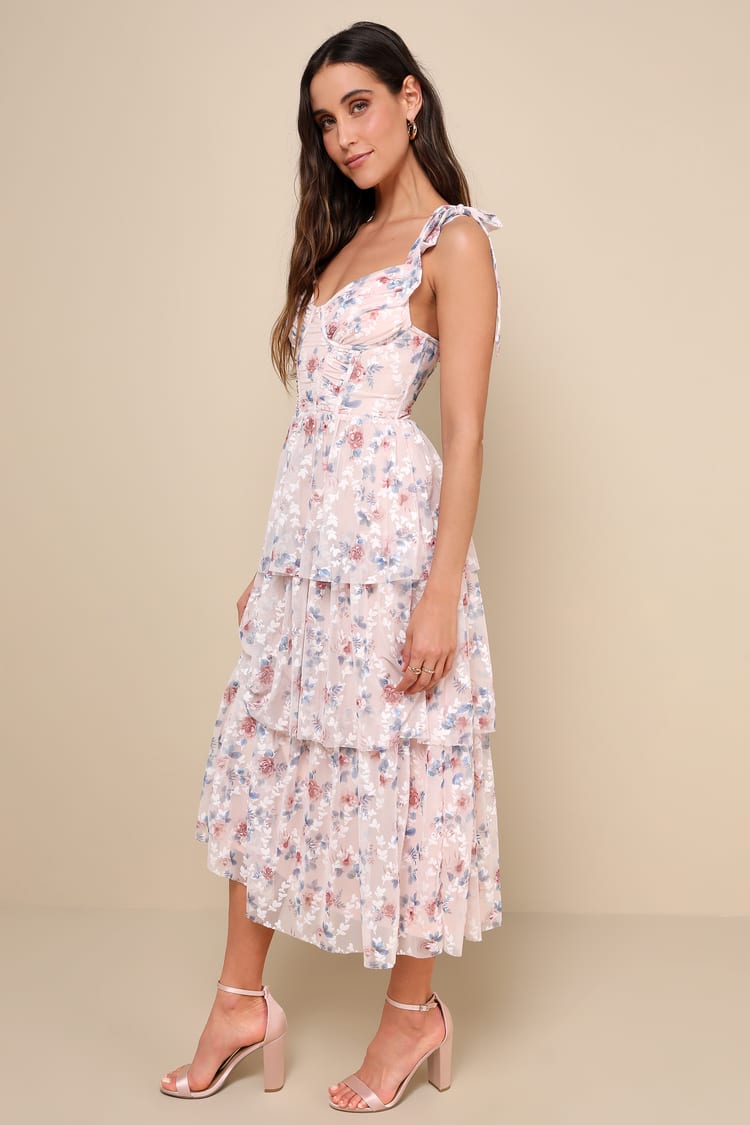 Flirtatious Radiance Blush Pink Floral Mesh Bustier Midi Dress