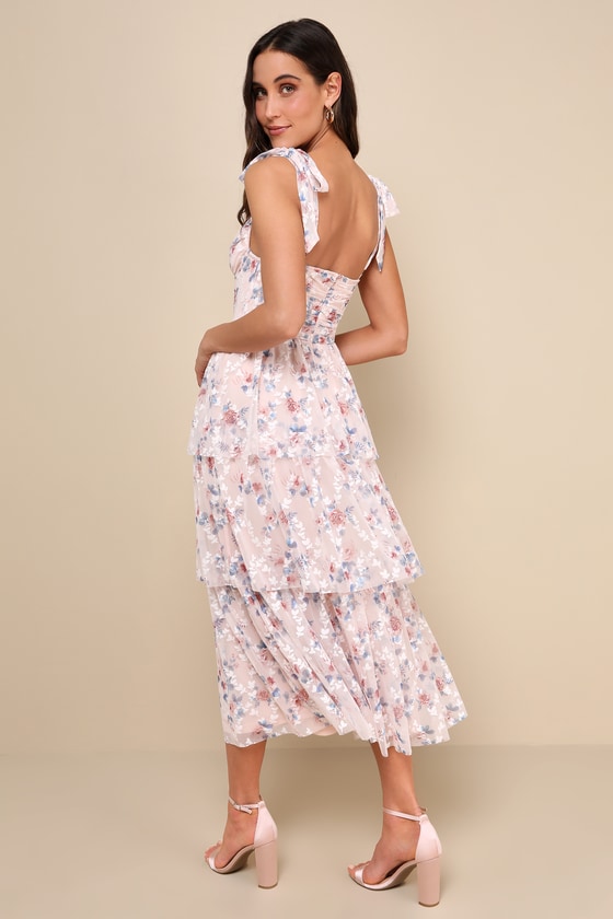Lulus Flirtatious Radiance Blush Pink Floral Mesh Bustier Midi Dress In Blush Pink