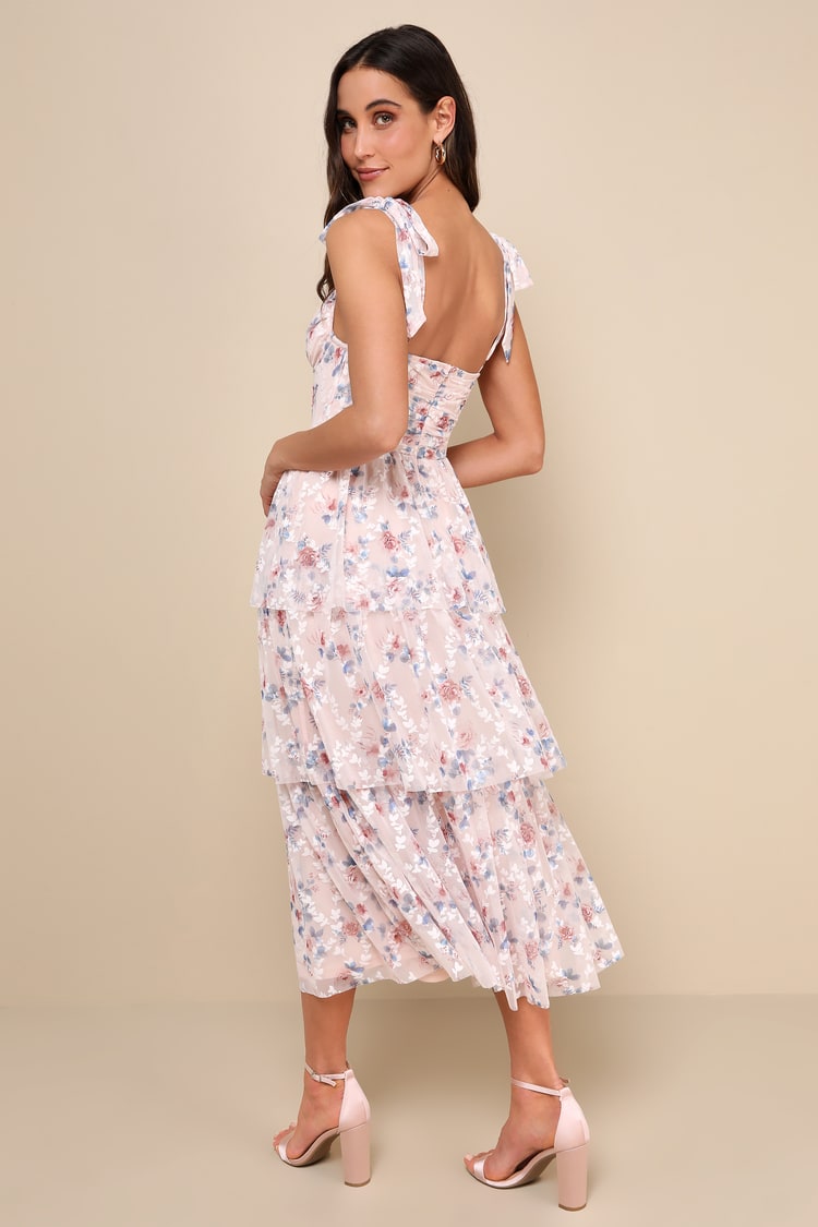 Flirtatious Radiance Blush Pink Floral Mesh Bustier Midi Dress