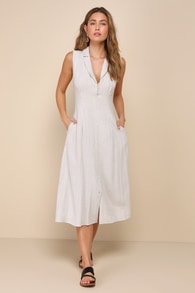 Campagna Charm Ivory Pinstriped Linen Midi Dress With Pockets