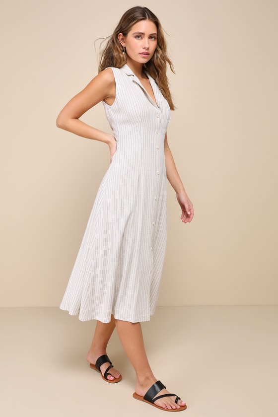 Campagna Charm Ivory Pinstriped Linen Midi Dress With Pockets 3