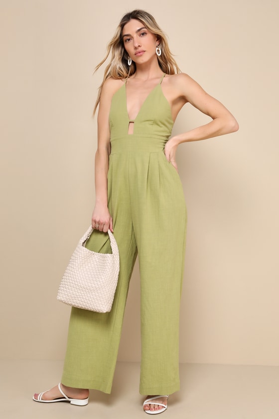 Lulus Covetable Vibe Green Linen Lace-up Backless Wide-leg Jumpsuit