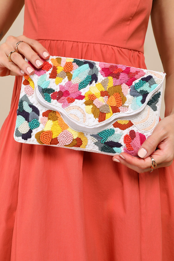 Vibrant Charm White Multi Beaded Embroidered Clutch