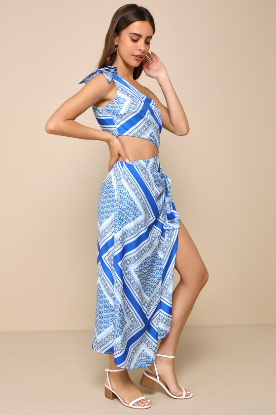 Lulus Vacay Beauty Blue Scarf Print One-shoulder Tie-strap Midi Dress In Blue
