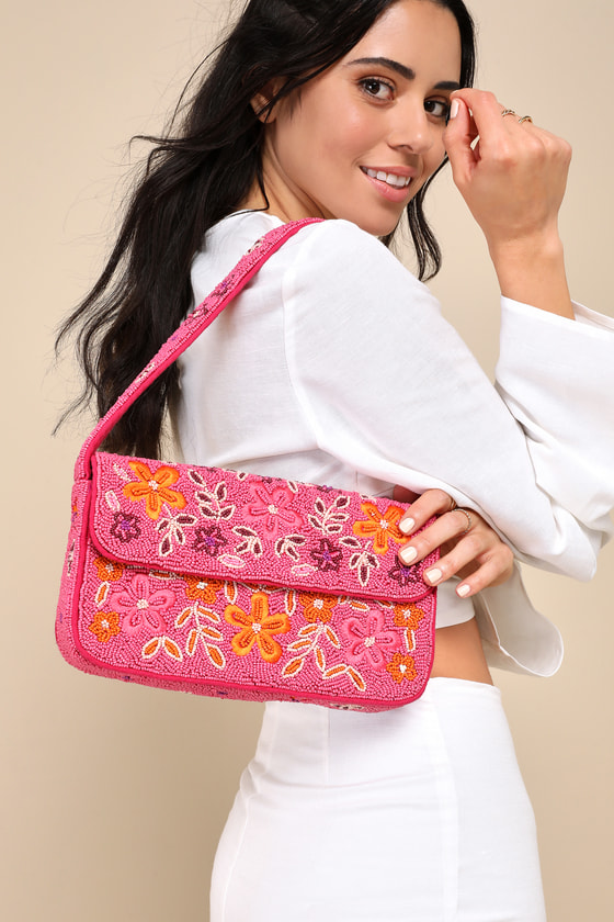 Bold Accent Hot Pink Multi Beaded Shoulder Bag - thumbnail 2