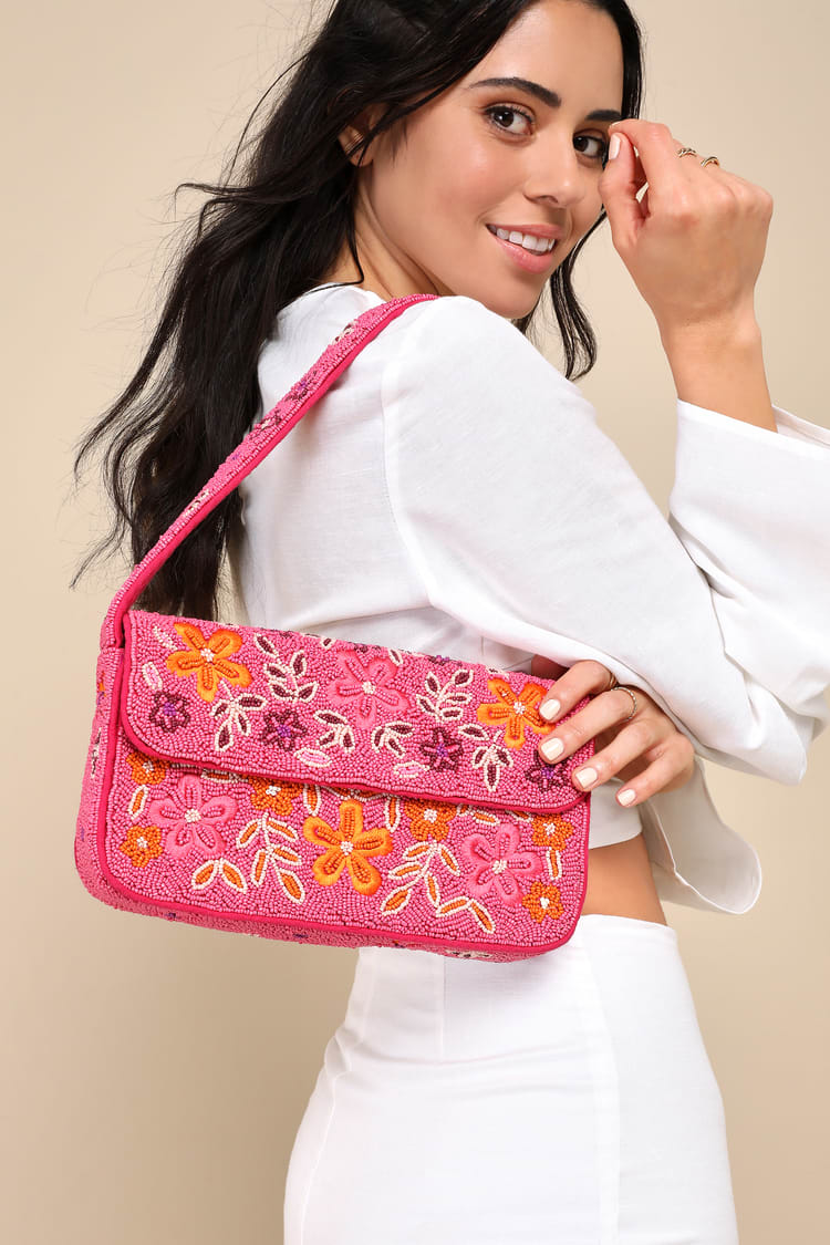 Bold Accent Hot Pink Multi Beaded Shoulder Bag