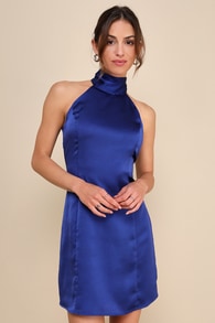 Infinite Admiration Royal Blue Satin Halter Mini Dress