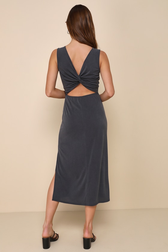 Shop Lulus Causally Flawless Charcoal Grey Knotted Cutout Midi Dress