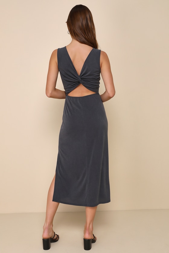 Paulina Oblique Shoulder Sleeveless Folds Gray Midi Dress