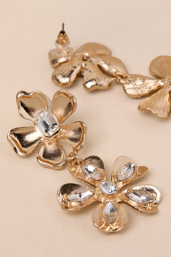 Gorgeous Gold Flower Earrings With Rhinestones - Bohemian Statement Jewelry For Women