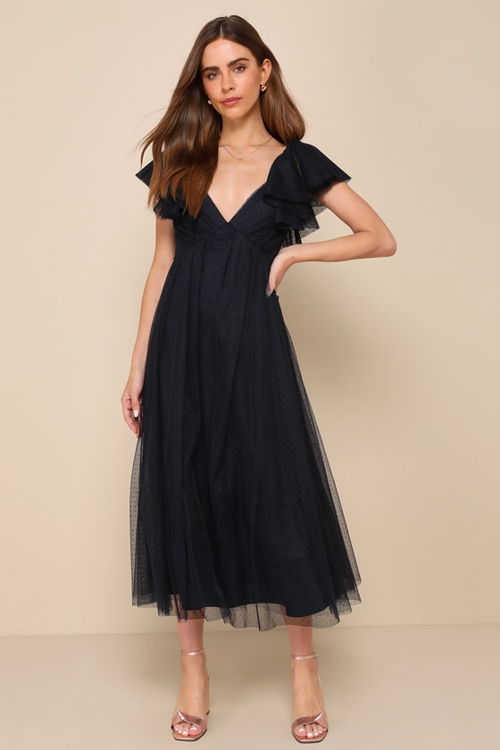 Lulus Perfect Invite Midnight Blue Swiss Dot Tie-back Midi Dress | ModeSens