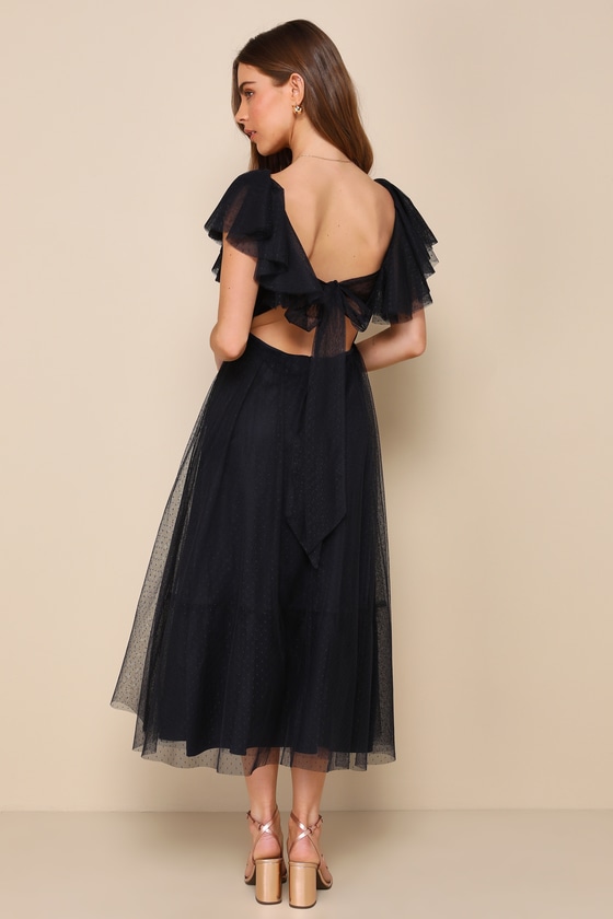 Shop Lulus Perfect Invite Midnight Blue Swiss Dot Tie-back Midi Dress