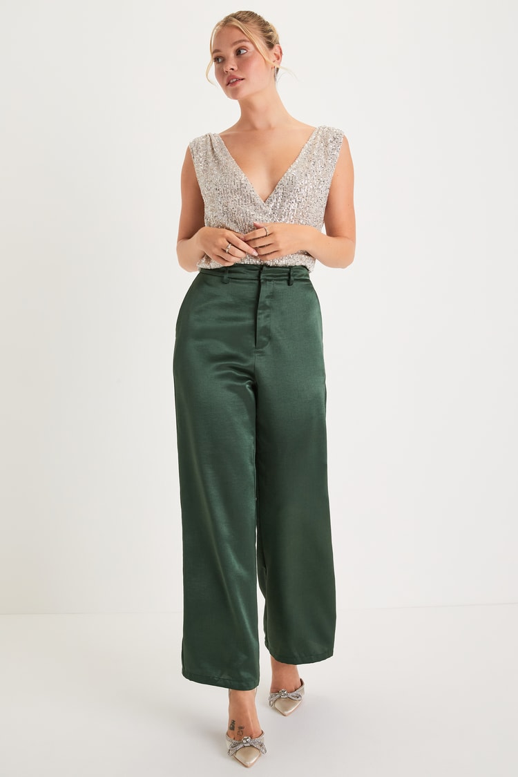 Sleek Statement Emerald Green Satin High Rise Wide-Leg Trousers