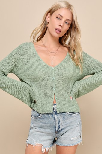 Springtime Sweetie Sage Green Loose Knit Cardigan Sweater 1