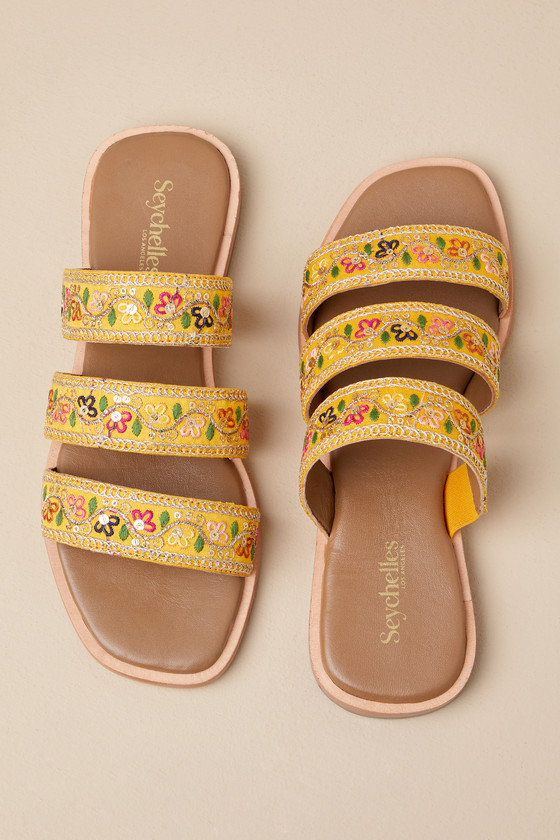 Shop Seychelles Empress Yellow Ribbon Embroidered Sequin Flat Slide Sandals