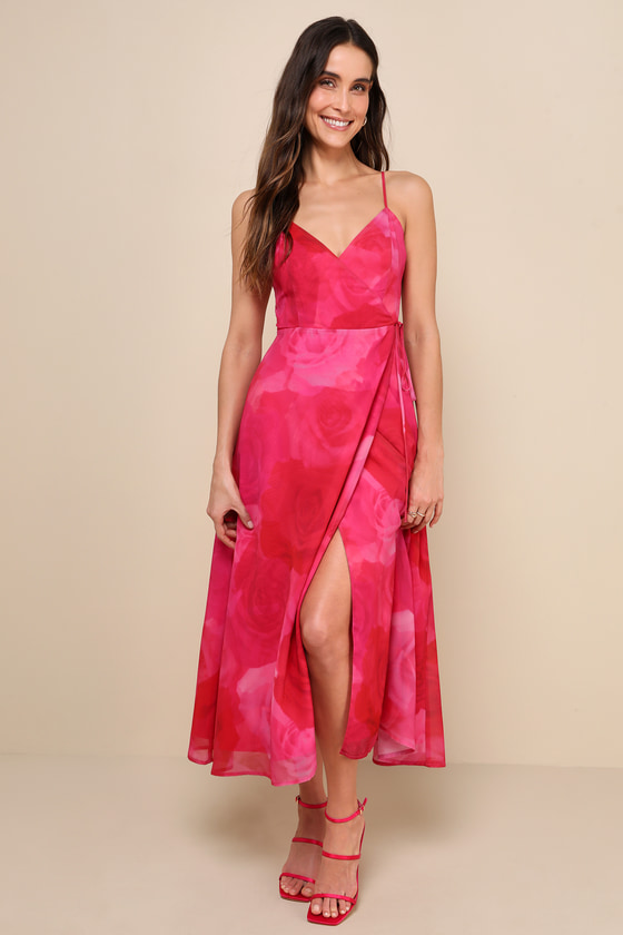 Lulus Radiant Perfection Hot Pink Floral Print Wrap Midi Dress