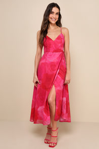 Radiant Perfection Hot Pink Floral Print Wrap Midi Dress