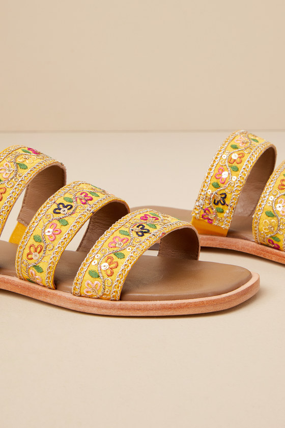 Shop Seychelles Empress Yellow Ribbon Embroidered Sequin Flat Slide Sandals