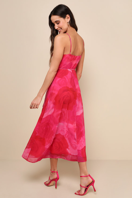 Lulus Radiant Perfection Hot Pink Floral Print Wrap Midi Dress In Hot Pink