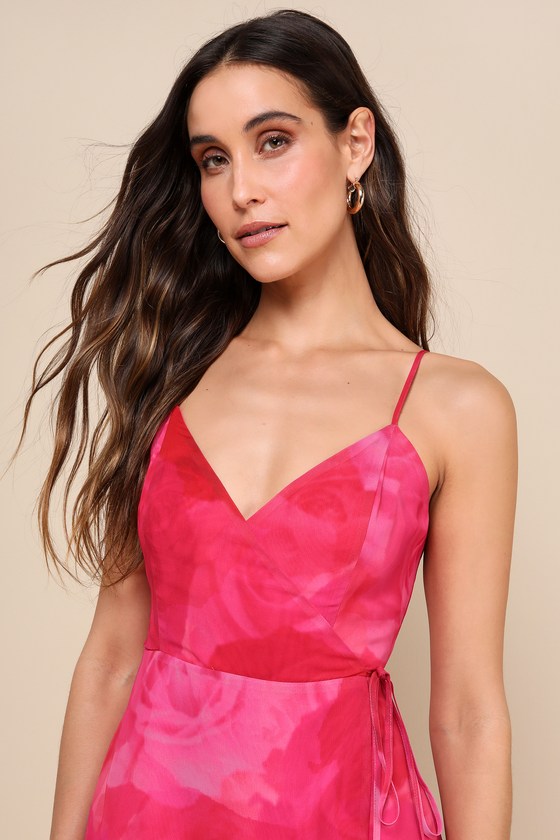 Lulus Radiant Perfection Hot Pink Floral Print Wrap Midi Dress In Hot Pink