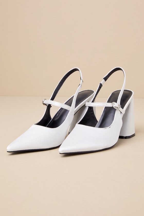 Rangi White Satin Pointed-Toe Slingback Pumps 1