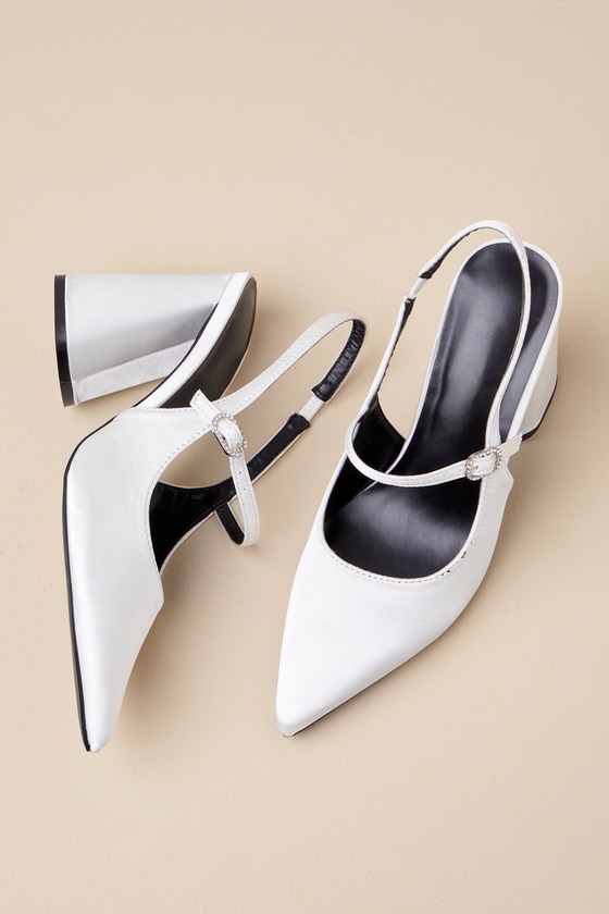 Rangi White Satin Pointed-Toe Slingback Pumps 2